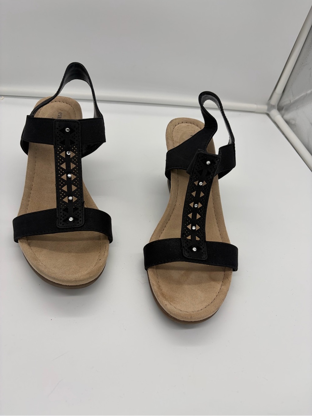Black T-Strap Women’s Comfort Sandals with Stud Accents